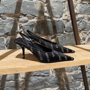 Balenciaga Black Satin Crystal Logo Slingback Square Knife Pumps